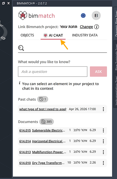 Bimmatch AI Docs chat in Plant 3D, view one