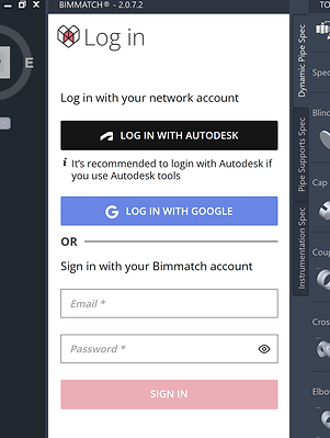 Bimmatch app login panel in Plant 3D