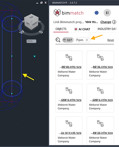 Bimmatch panel filtering content by selected Plant 3D element